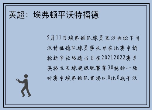 英超：埃弗顿平沃特福德