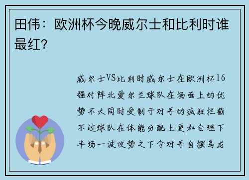 田伟：欧洲杯今晚威尔士和比利时谁最红？