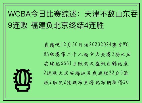 WCBA今日比赛综述：天津不敌山东吞9连败 福建负北京终结4连胜