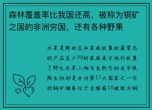 森林覆盖率比我国还高，被称为铜矿之国的非洲穷国，还有各种野果